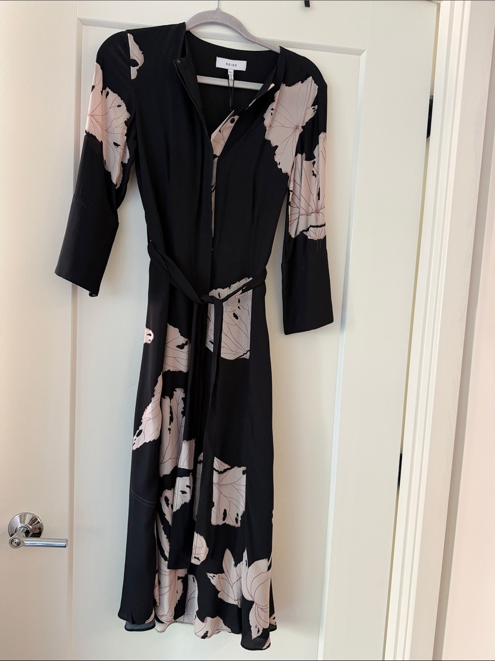 Reiss NWT Black Midi Dress with Pale Pink Floral Motif